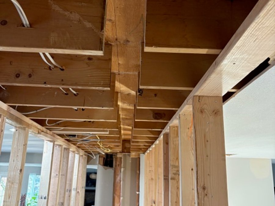Structural beam ceiling framing with header and rough-in wiring