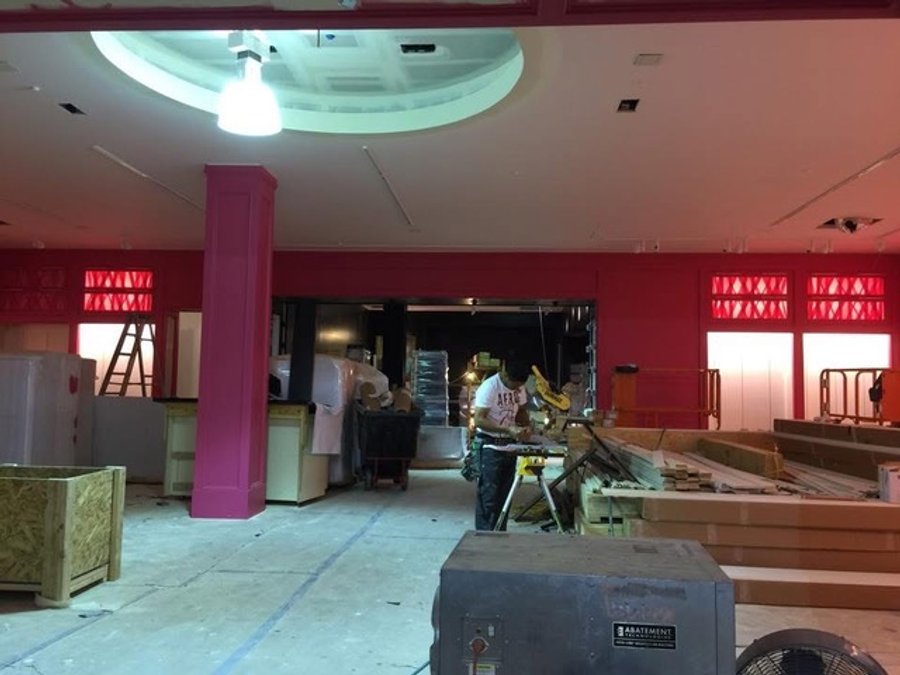 Victoria's Secret retail buildout with interior framing and a circular ceiling feature