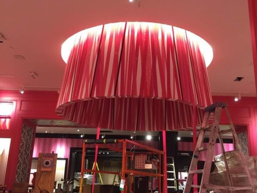 Victoria's Secret retail interior taking shape with pendant lights hung